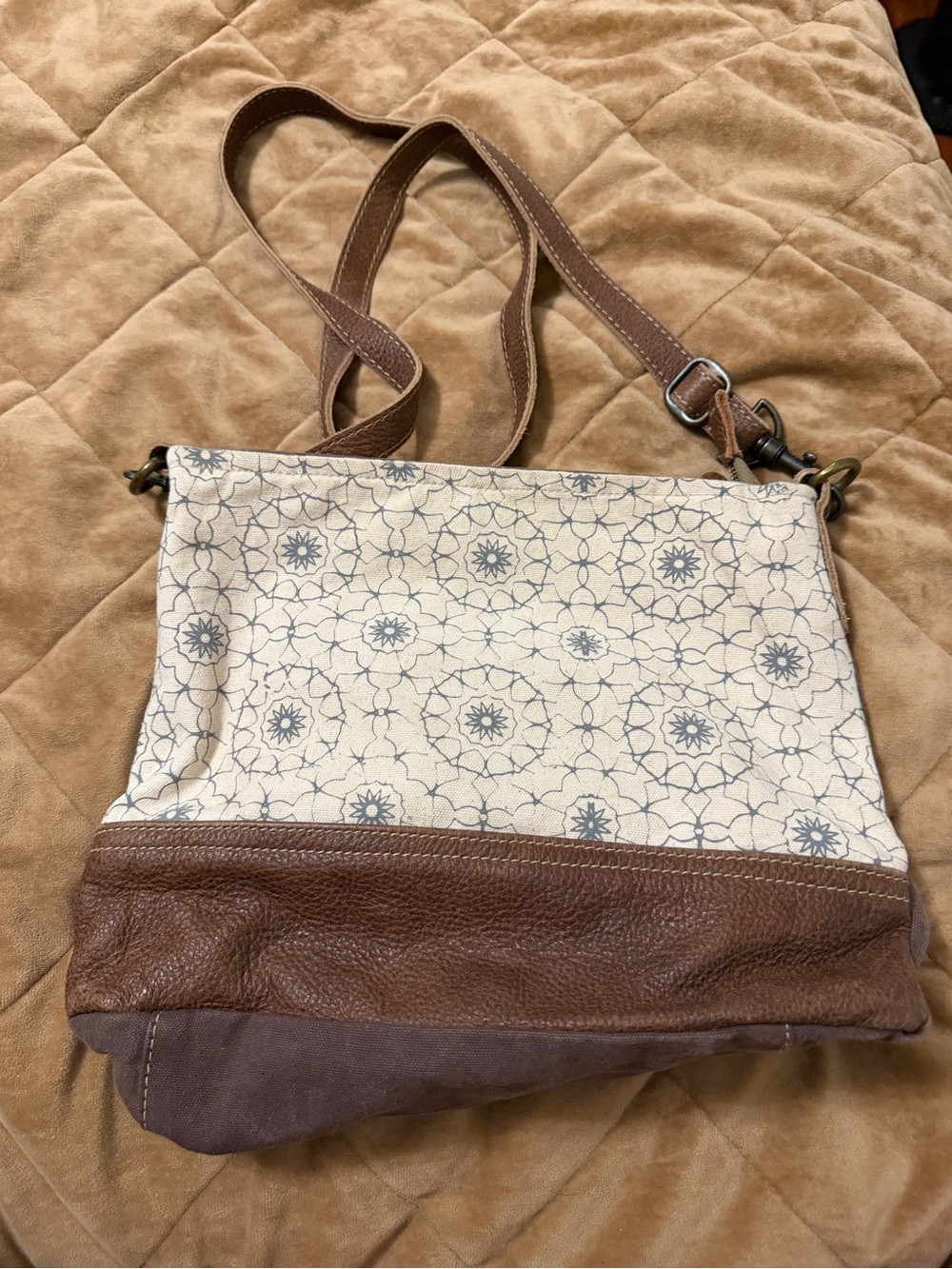 Myra Bag Cream Canvas Crossbody with Brown Leather Trim